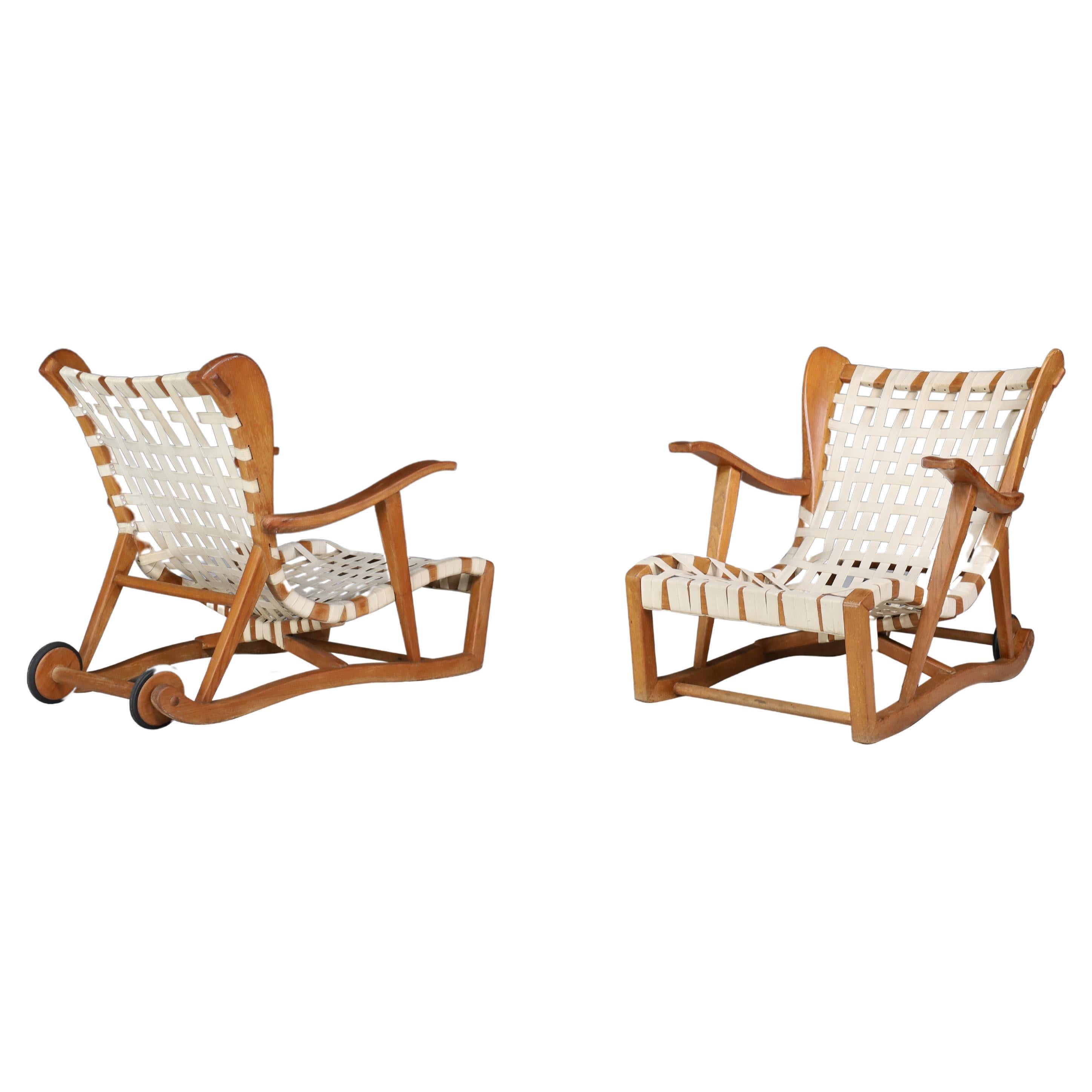Sculptural oak Lounge chairs by Guglielmo Pecorini, Italy, the 1950s   For Sale