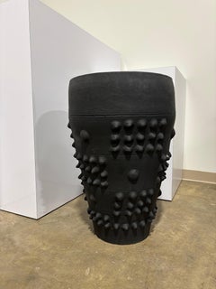 Sculptural Obsidian Black Ceramic Planter with Raised Geometric Relief (Large)