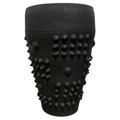 Sculptural Obsidian Black Ceramic Planter with Raised Geometric Relief (Large)