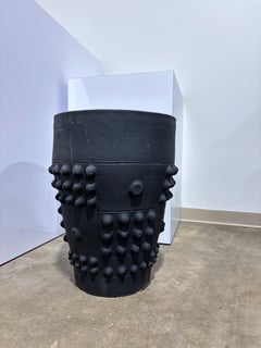 Sculptural Obsidian Black Ceramic Planter with Raised Geometric Relief (Medium)