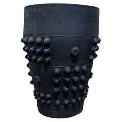 Sculptural Obsidian Black Ceramic Planter with Raised Geometric Relief (Medium)