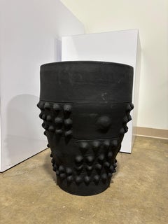Sculptural Obsidian Black Ceramic Planter with Raised Geometric Relief (Small)