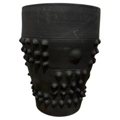 Sculptural Obsidian Black Ceramic Planter with Raised Geometric Relief (Small)