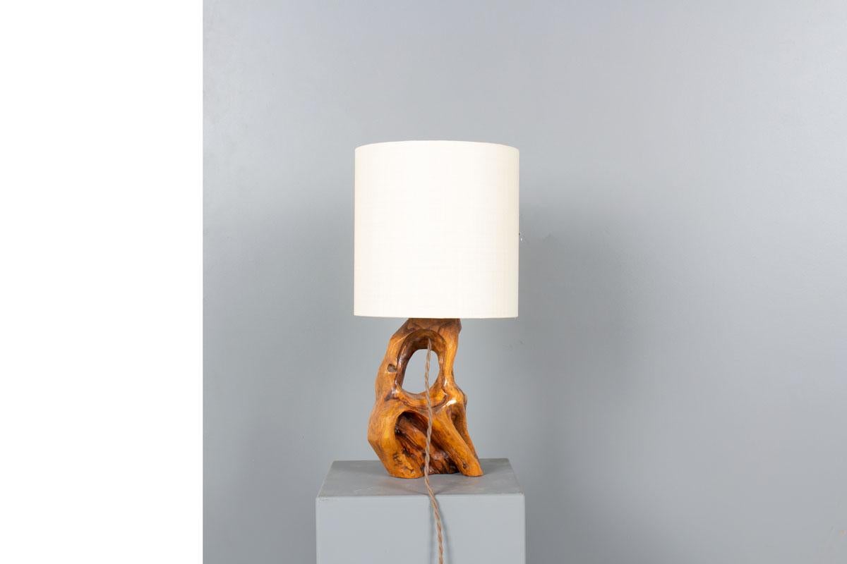 Sculptural Olive Wood Table Lamp with Paper Shade, France, 1950s (Französisch) im Angebot