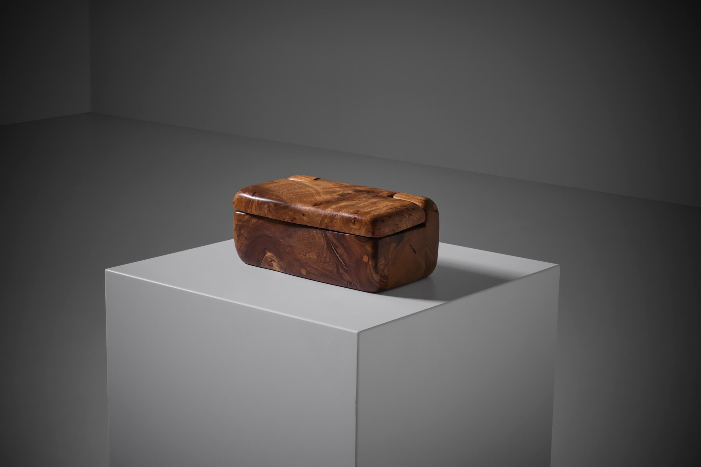 French Sculptural Olive Wooden Box, France 1970s