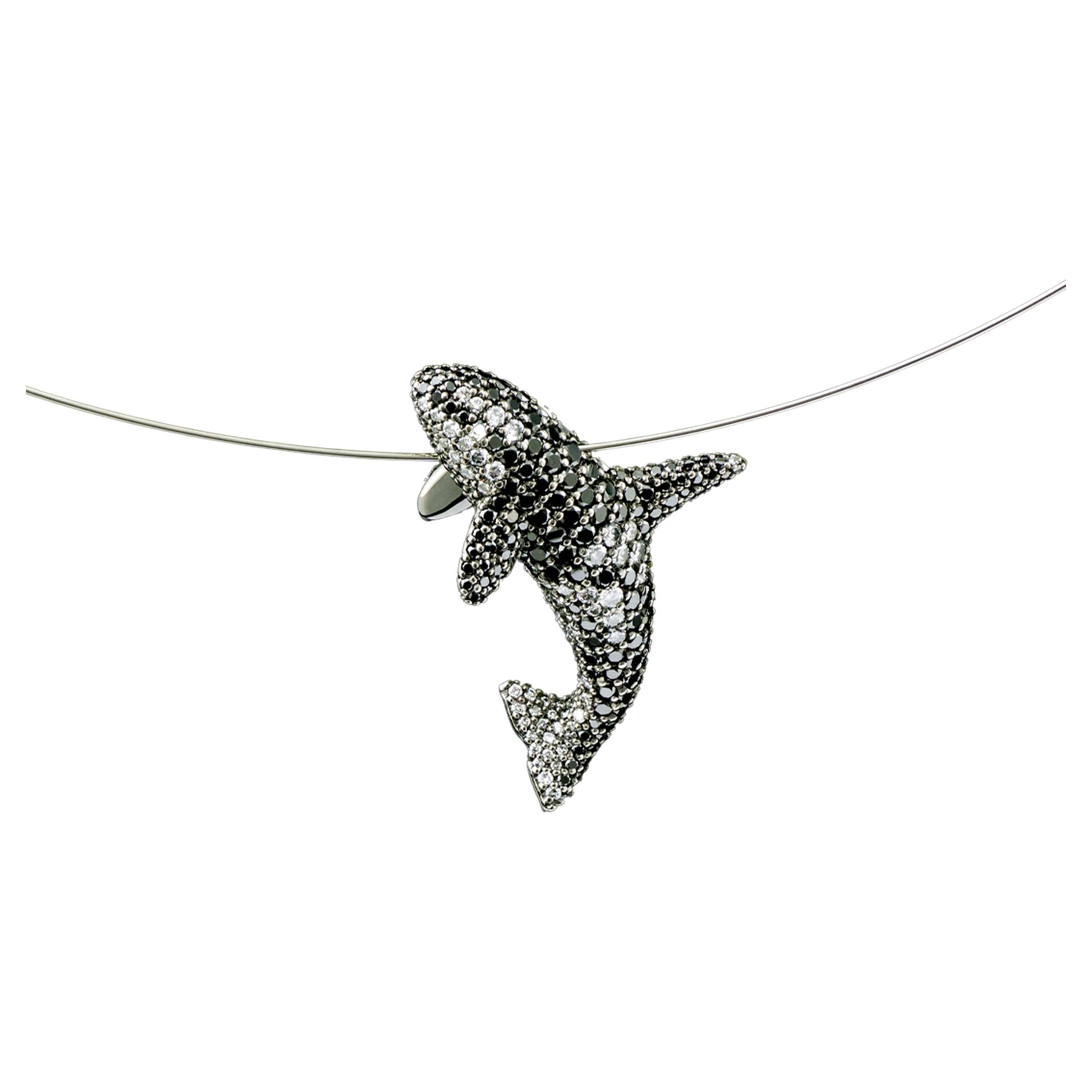 Sculptural Orca Pendant, Handmade of 18k White Gold, 424 Black & White Diamonds 