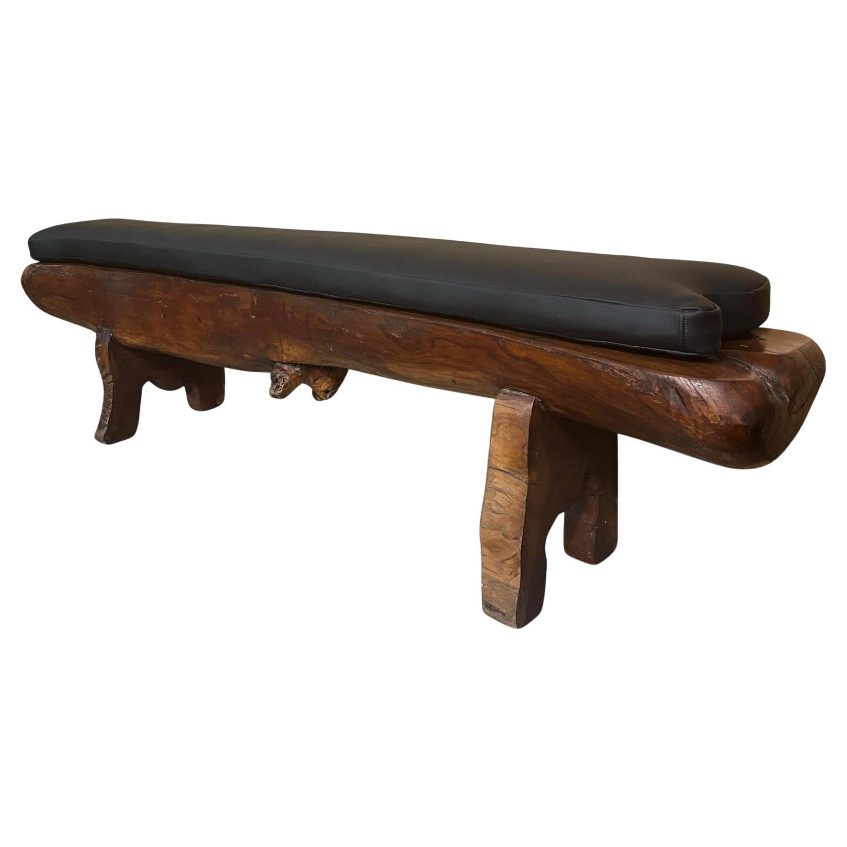 Sculptural Organic Modern Solid Wood Bench with Cushion For Sale