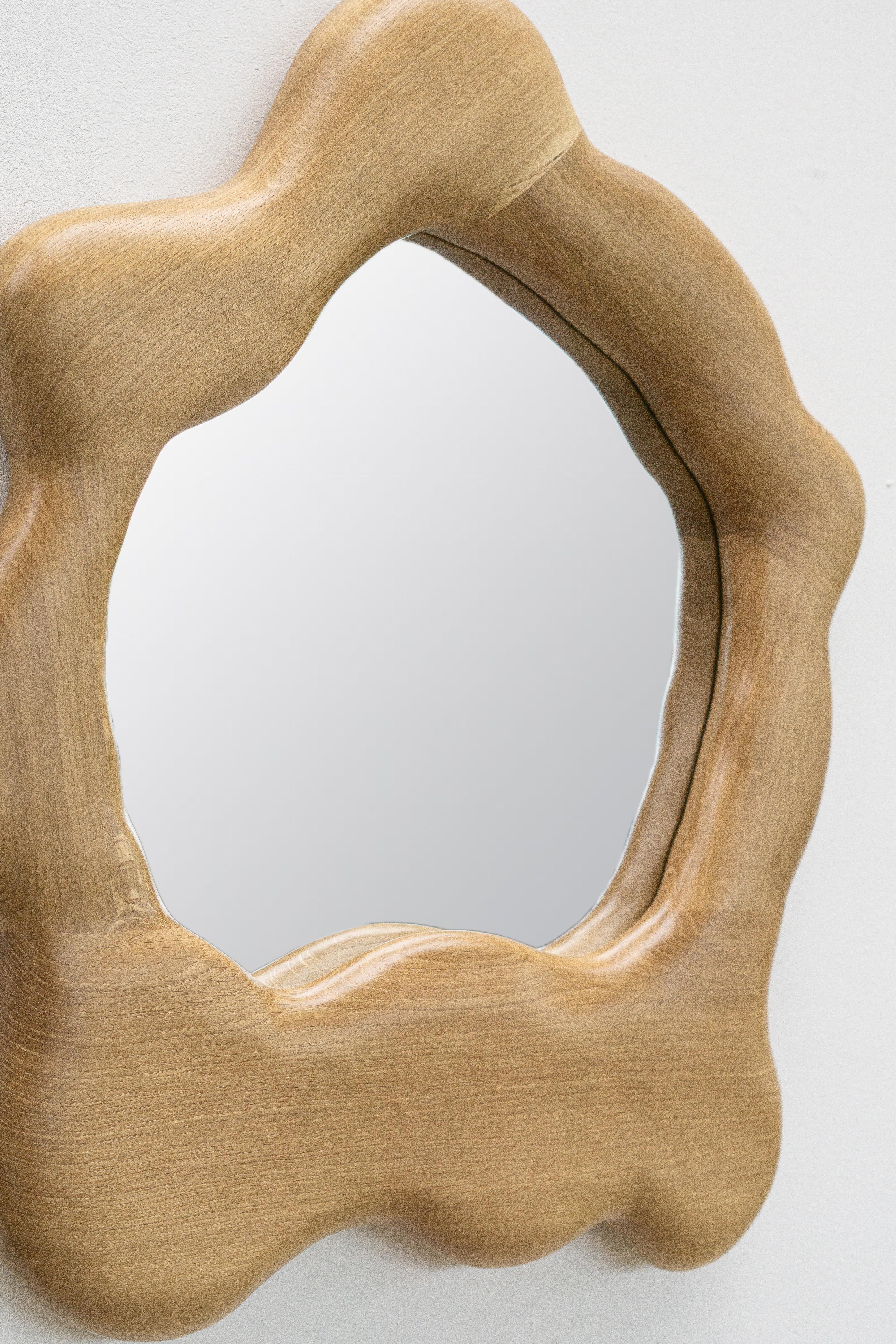 Organic Modern Sculptural Organic Shaped Mirror in Oak Wood - Wavy Mirror For Sale