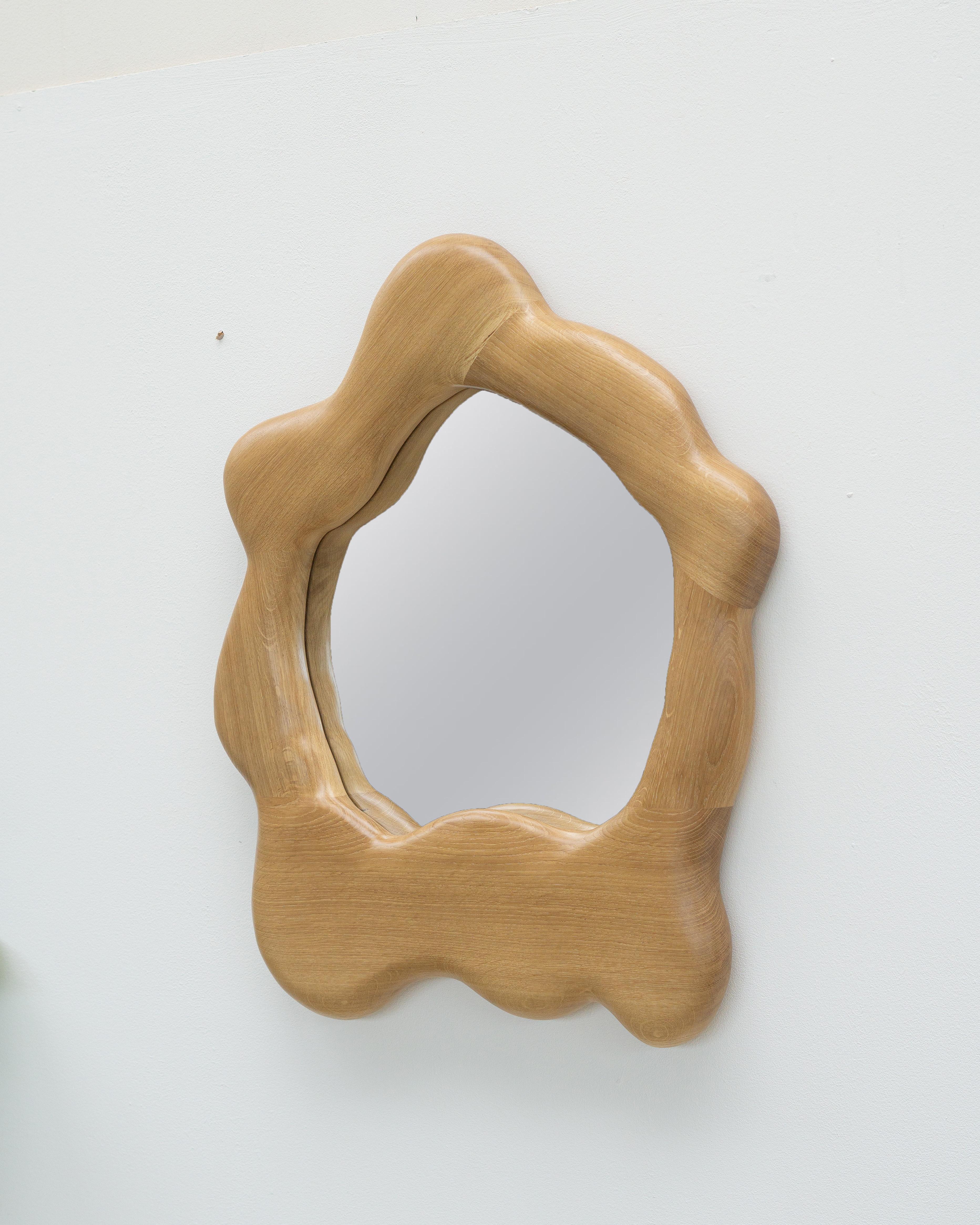 German Sculptural Organic Shaped Mirror in Oak Wood - Wavy Mirror For Sale