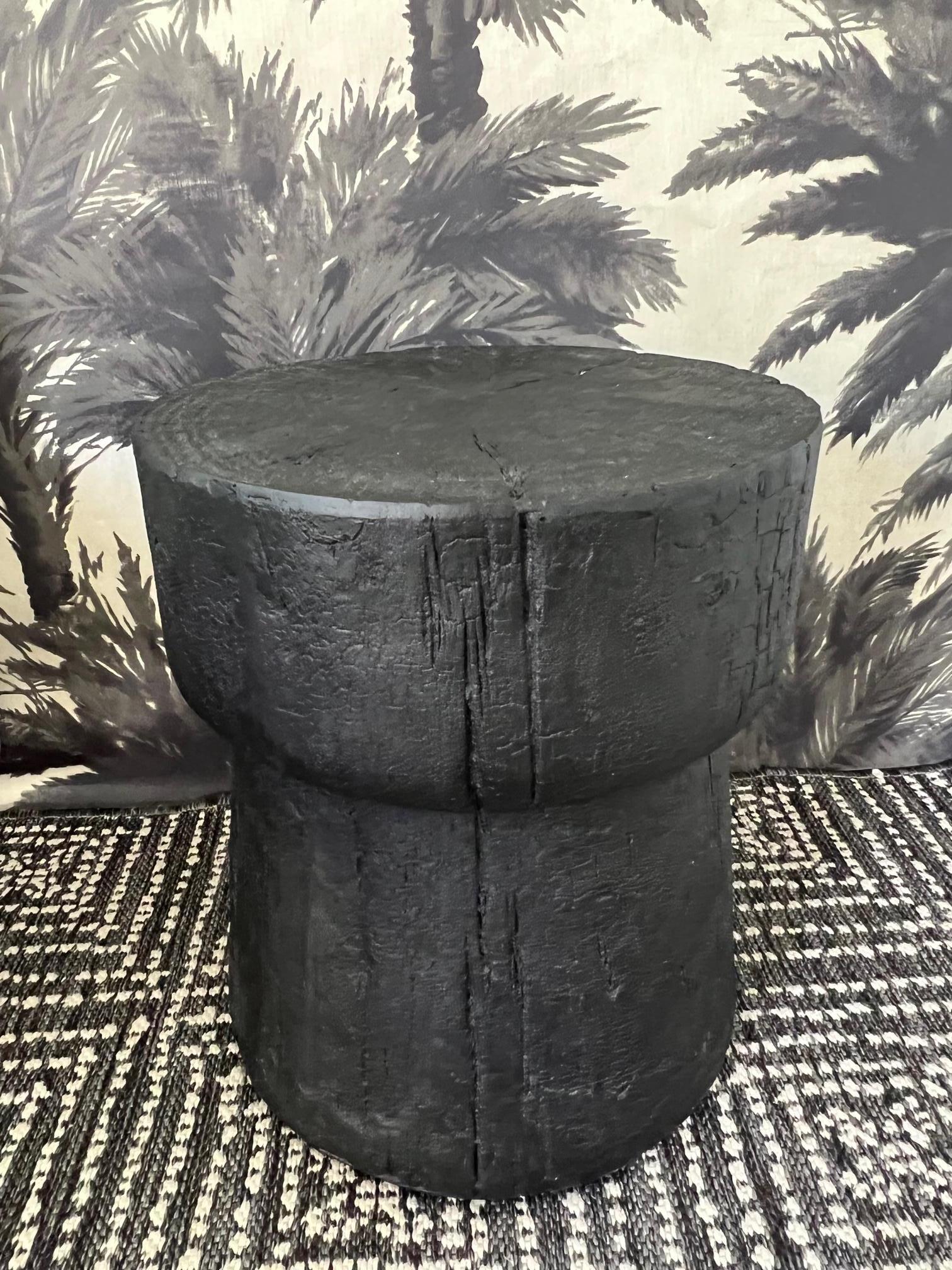Indonesian Sculptural Outdoor Accent Table with Wood Stump Design in Black