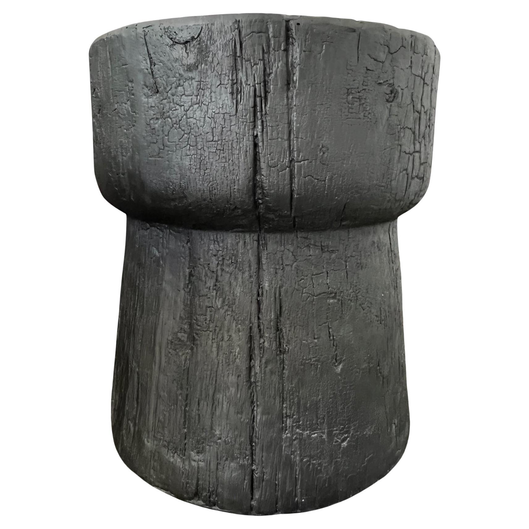 Sculptural Outdoor Accent Table with Wood Stump Design in Black