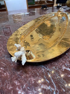 Sculptural Oval Brass Centerpiece/Tray with Coral Accents, Italy, 1970s