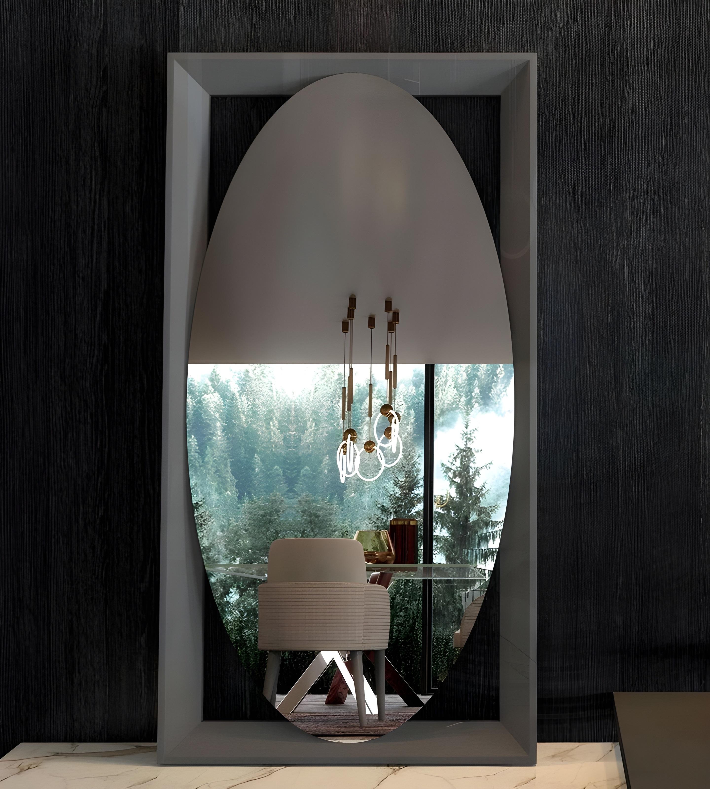 Modern Sculptural Oval Bronze Mirror Framed in Oak By Mondo Design Studio For Sale