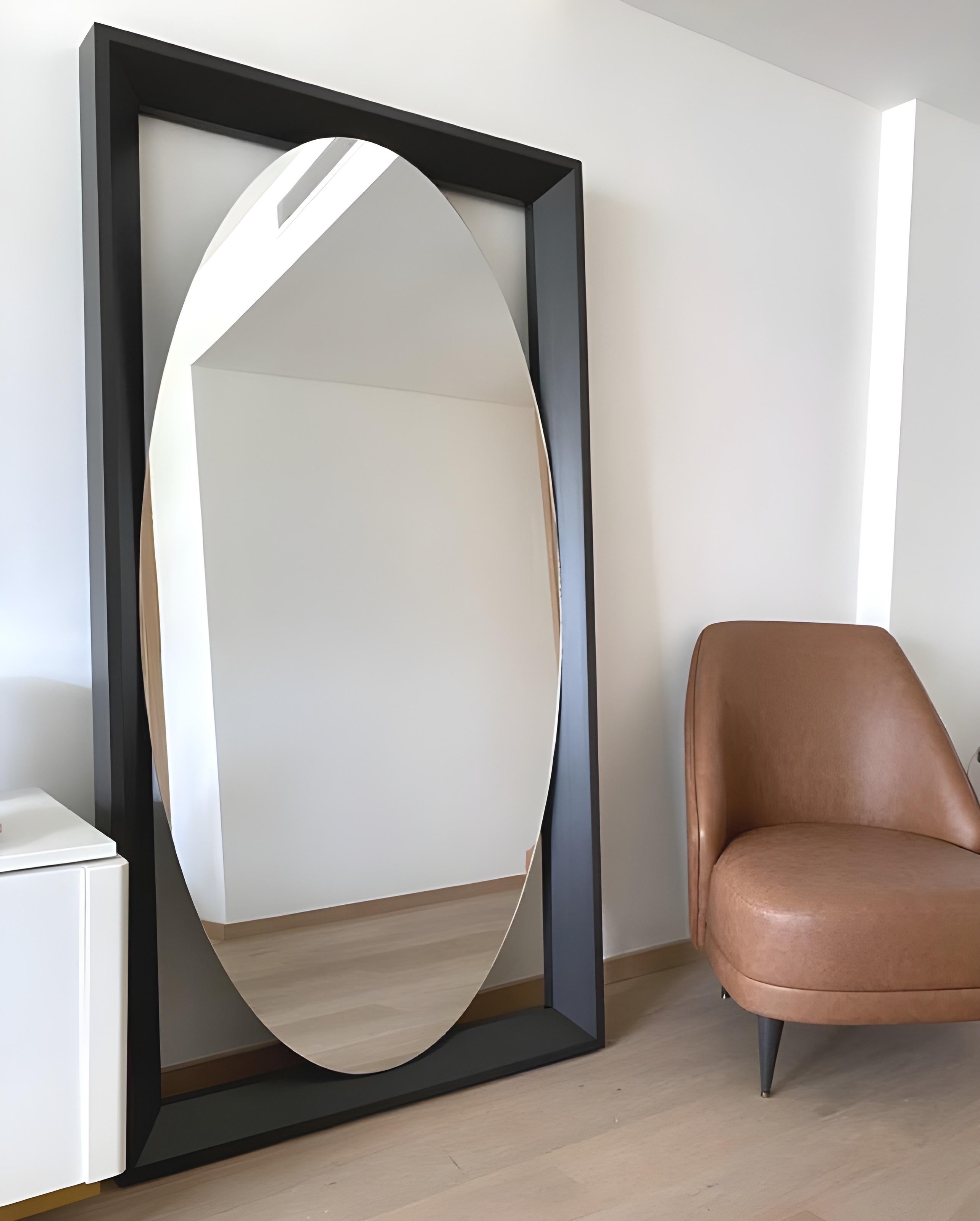 Portuguese Sculptural Oval Bronze Mirror Framed in Oak By Mondo Design Studio For Sale