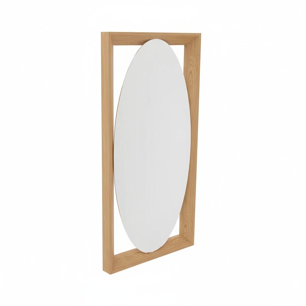 Contemporary Sculptural Oval Bronze Mirror Framed in Oak By Mondo Design Studio For Sale