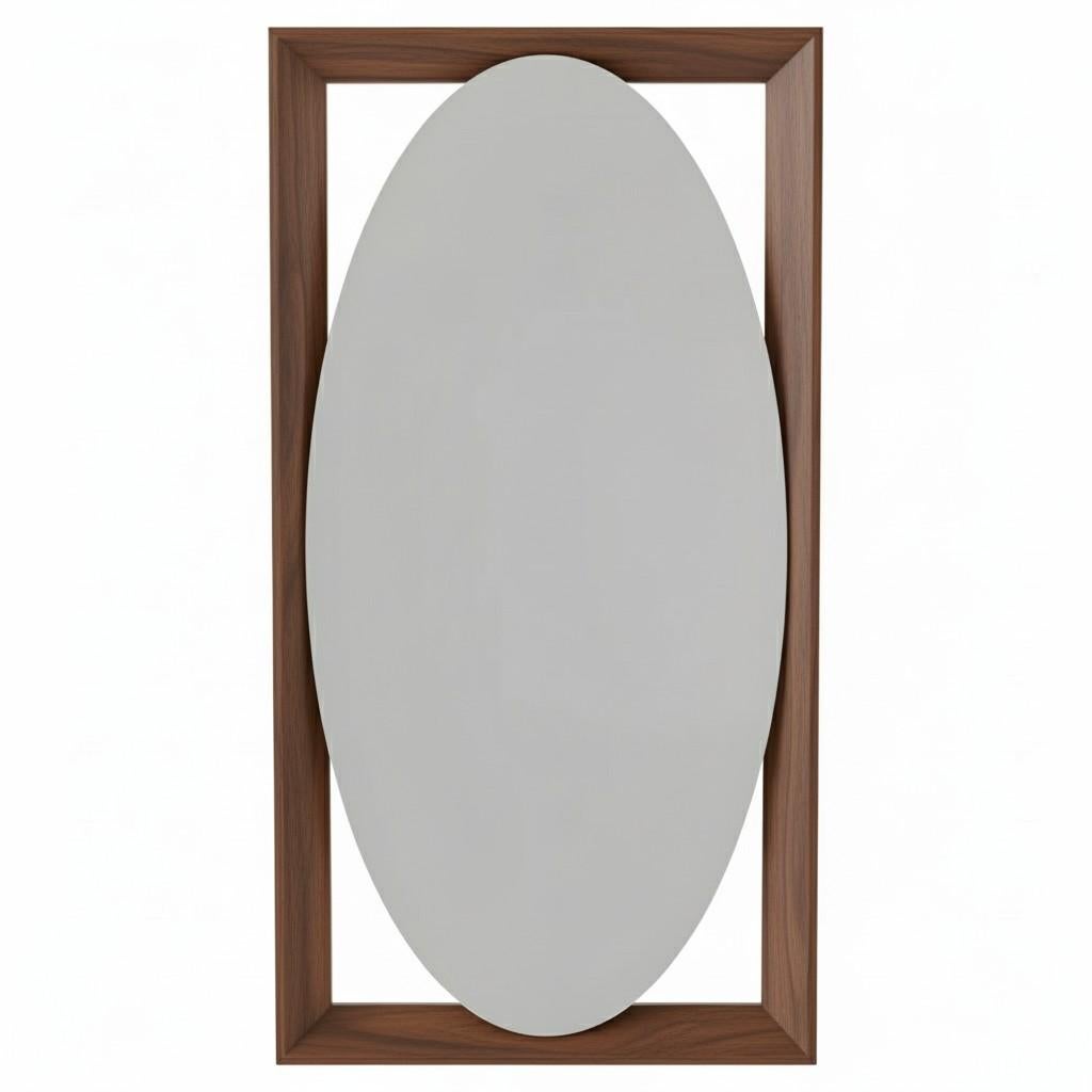 Sculptural Oval Bronze Mirror Framed in Oak By Mondo Design Studio For Sale 1