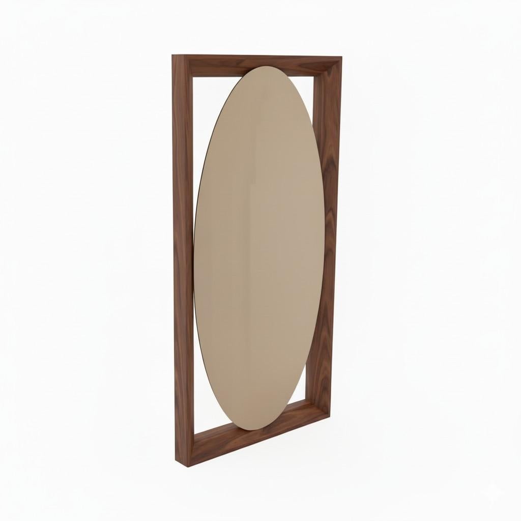 Sculptural Oval Bronze Mirror Framed in Oak By Mondo Design Studio For Sale 2