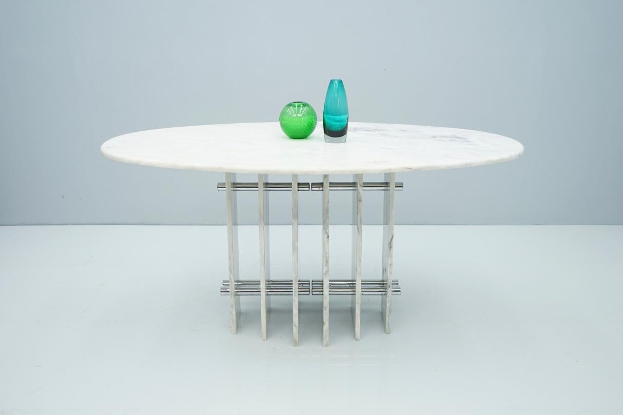 Sculptural Oval Dining Table in Carrara Marble and Chrome, Italy, 1970s 3