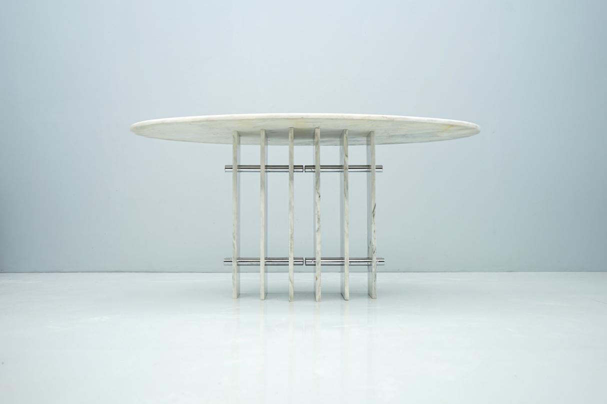 Italian Sculptural Oval Dining Table in Carrara Marble and Chrome, Italy, 1970s