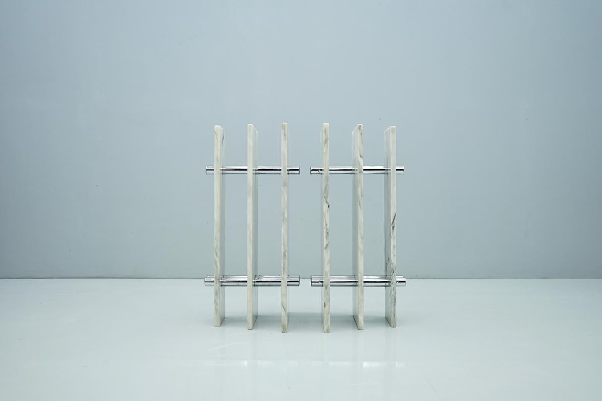Metal Sculptural Oval Dining Table in Carrara Marble and Chrome, Italy, 1970s