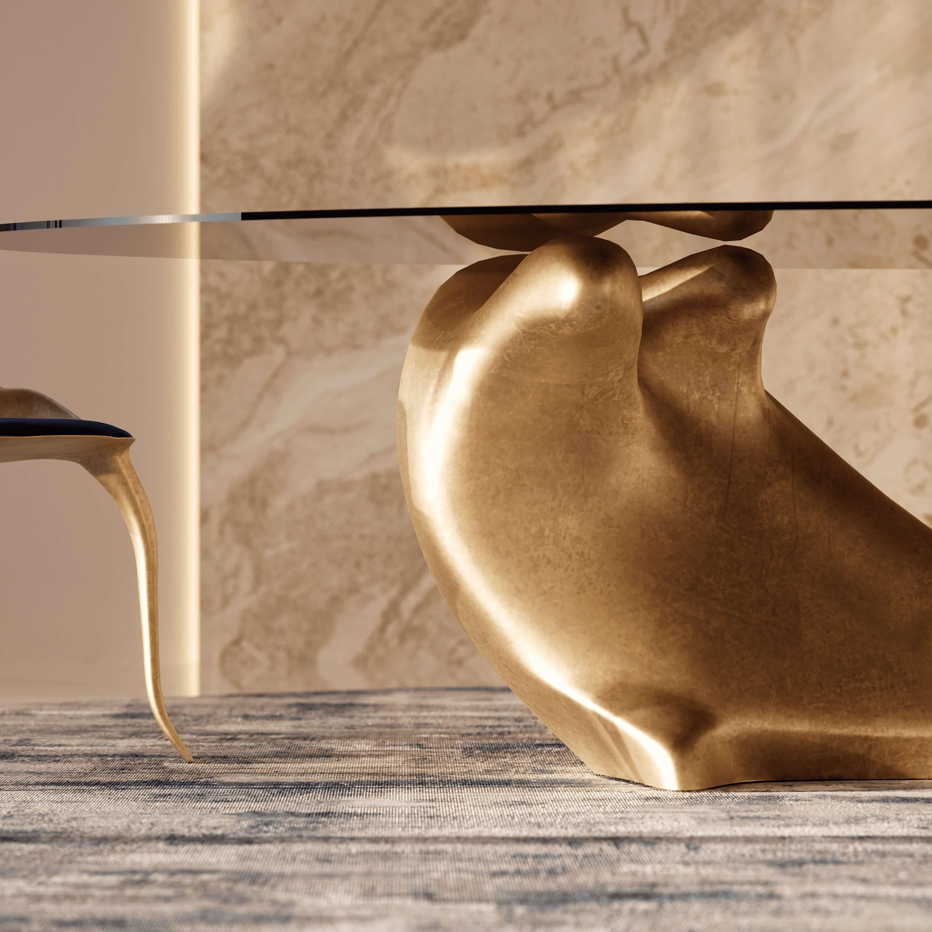 Tavolo da pranzo ovale scultoreo con base organica monumentale in finitura bronzo in vendita 3