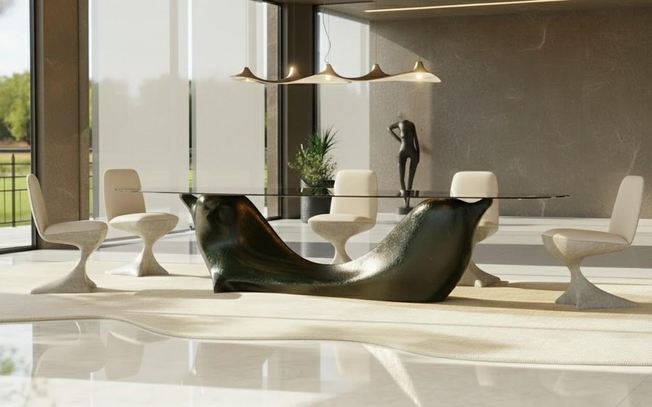 XXI secolo e contemporaneo Tavolo da pranzo ovale scultoreo con base organica monumentale in finitura bronzo in vendita