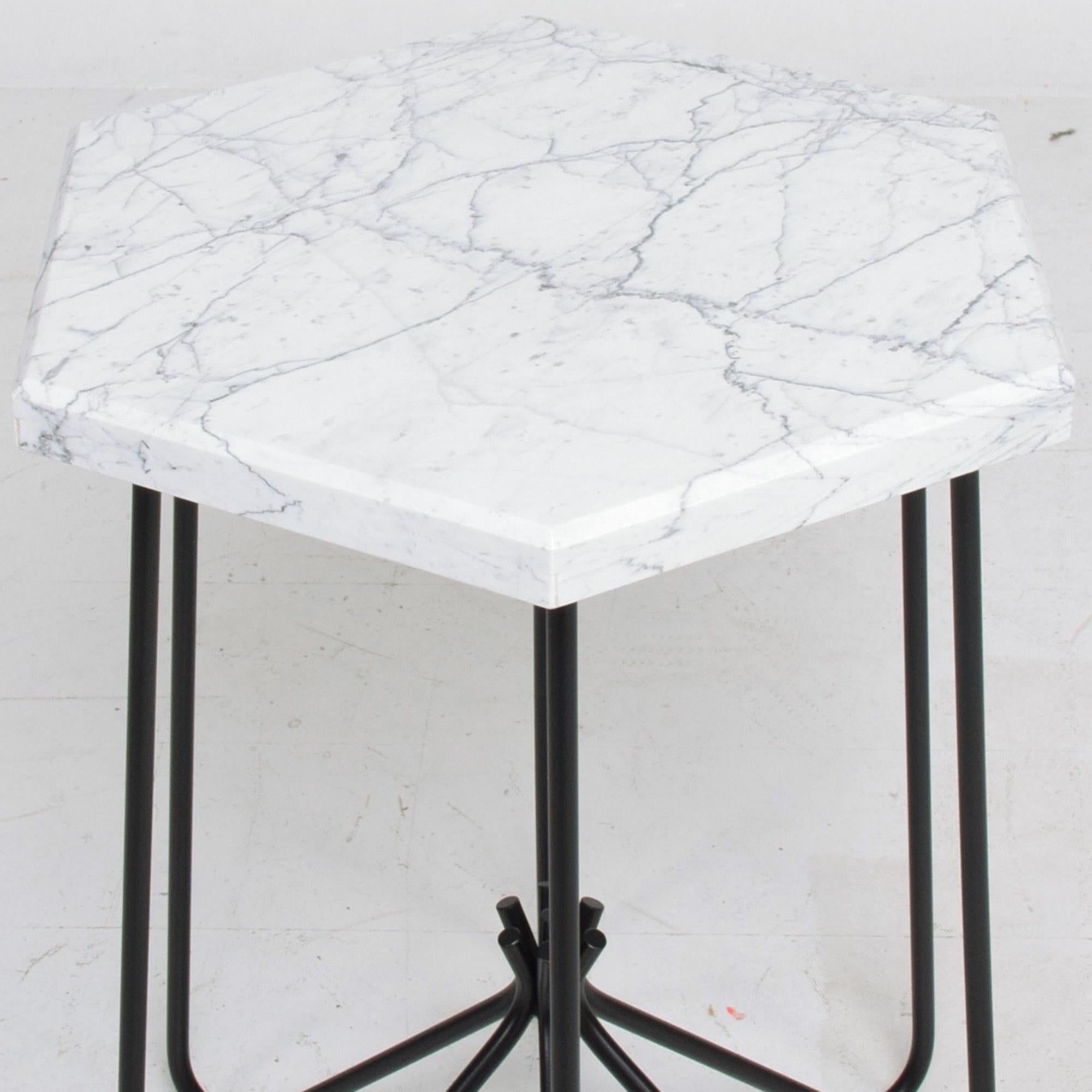 Iron French Modern Sculptural Metal & Marble Hexagonal Side Table 