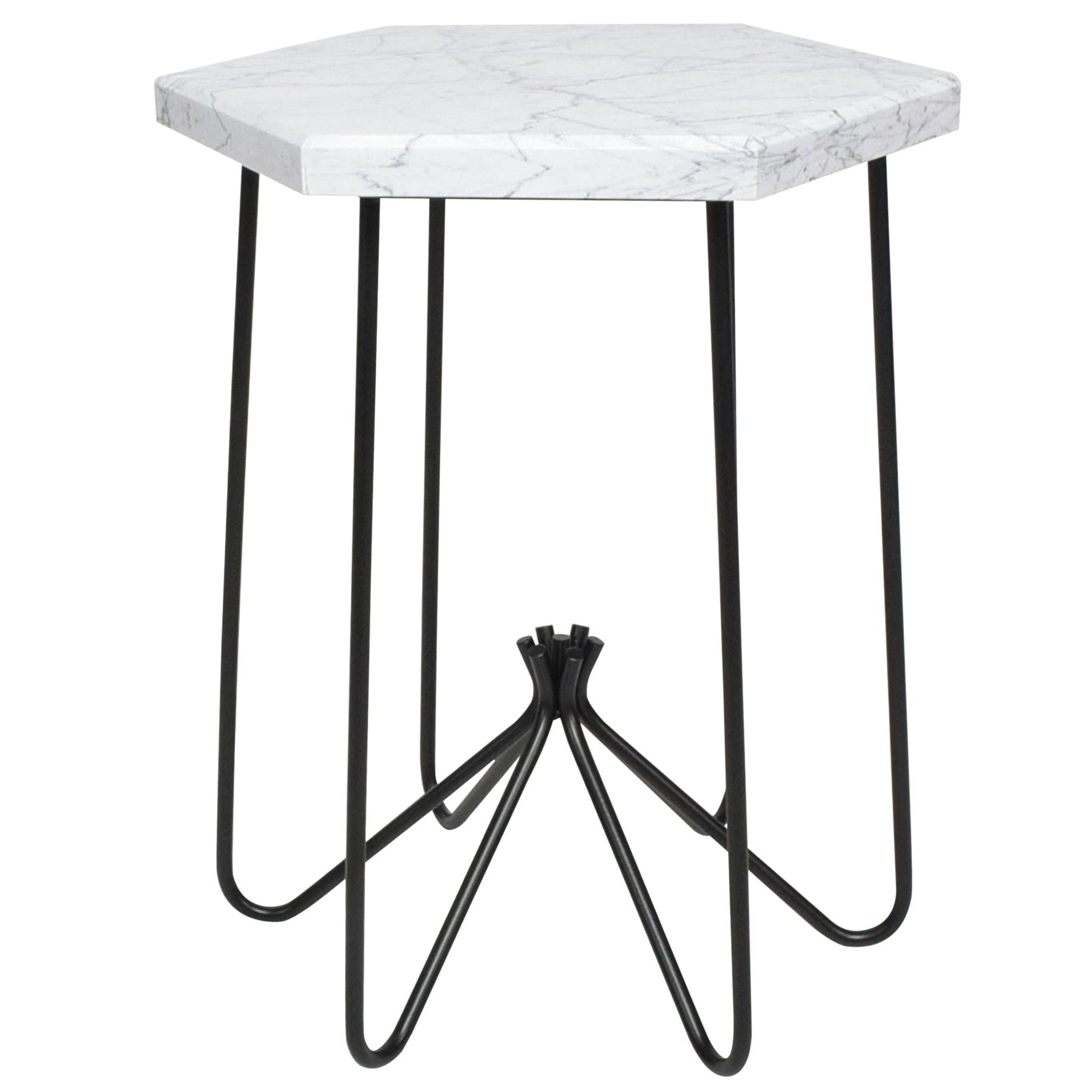 French Modern Sculptural Metal & Marble Hexagonal Side Table 
