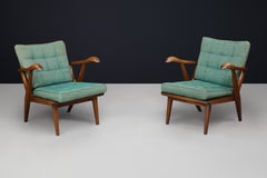 Sculptural Pair Czech Mid-Century Oak Lounge Chairs Original Upholstery 1950s