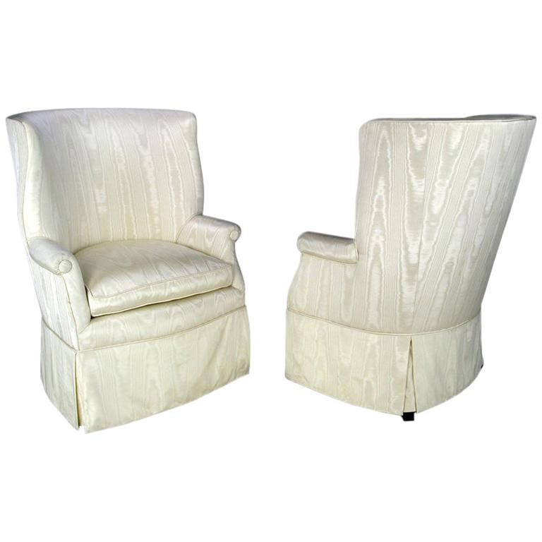 Sculptural Pair of 1940s Barrel Back Wing Chairs In Ivory Moire' For Sale