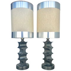 Sculptural Pair of 1970s Italian Steel Table Lamps with Original Custom Shades