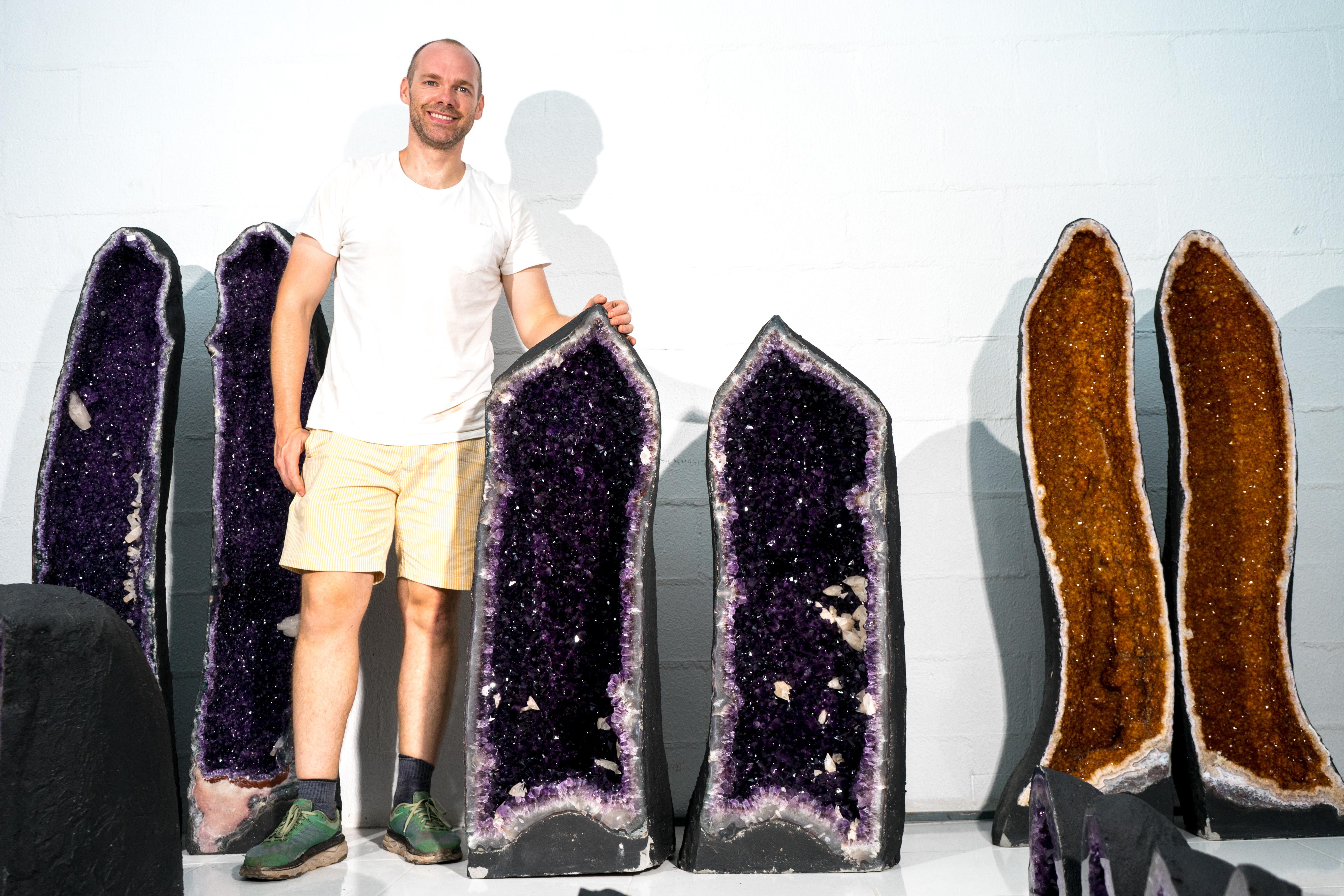 Brazilian Sculptural Pair of AAA Large Amethyst Geode Cathedrals, Rare Grape Jelly Purple For Sale