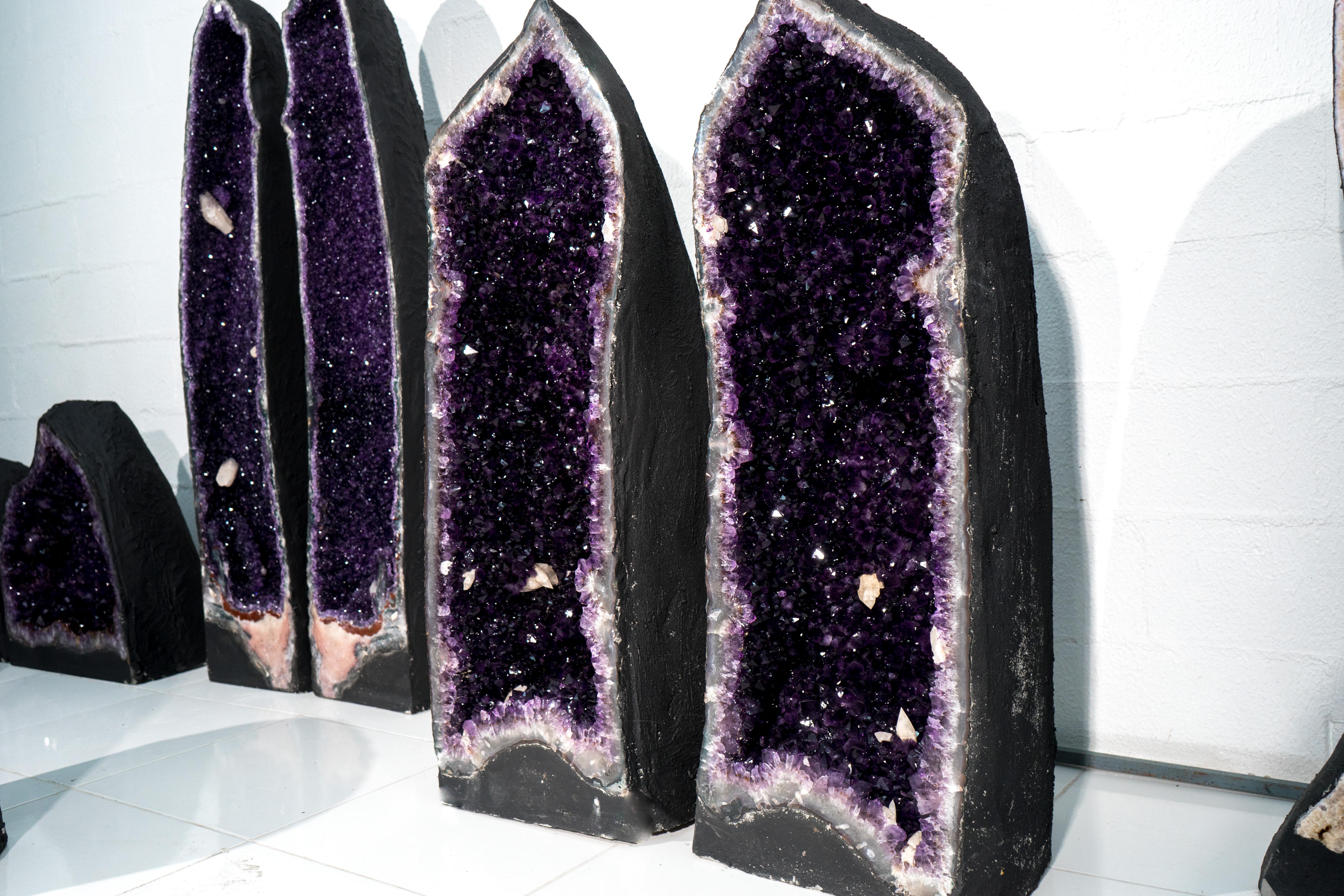 Contemporary Sculptural Pair of AAA Large Amethyst Geode Cathedrals, Rare Grape Jelly Purple For Sale