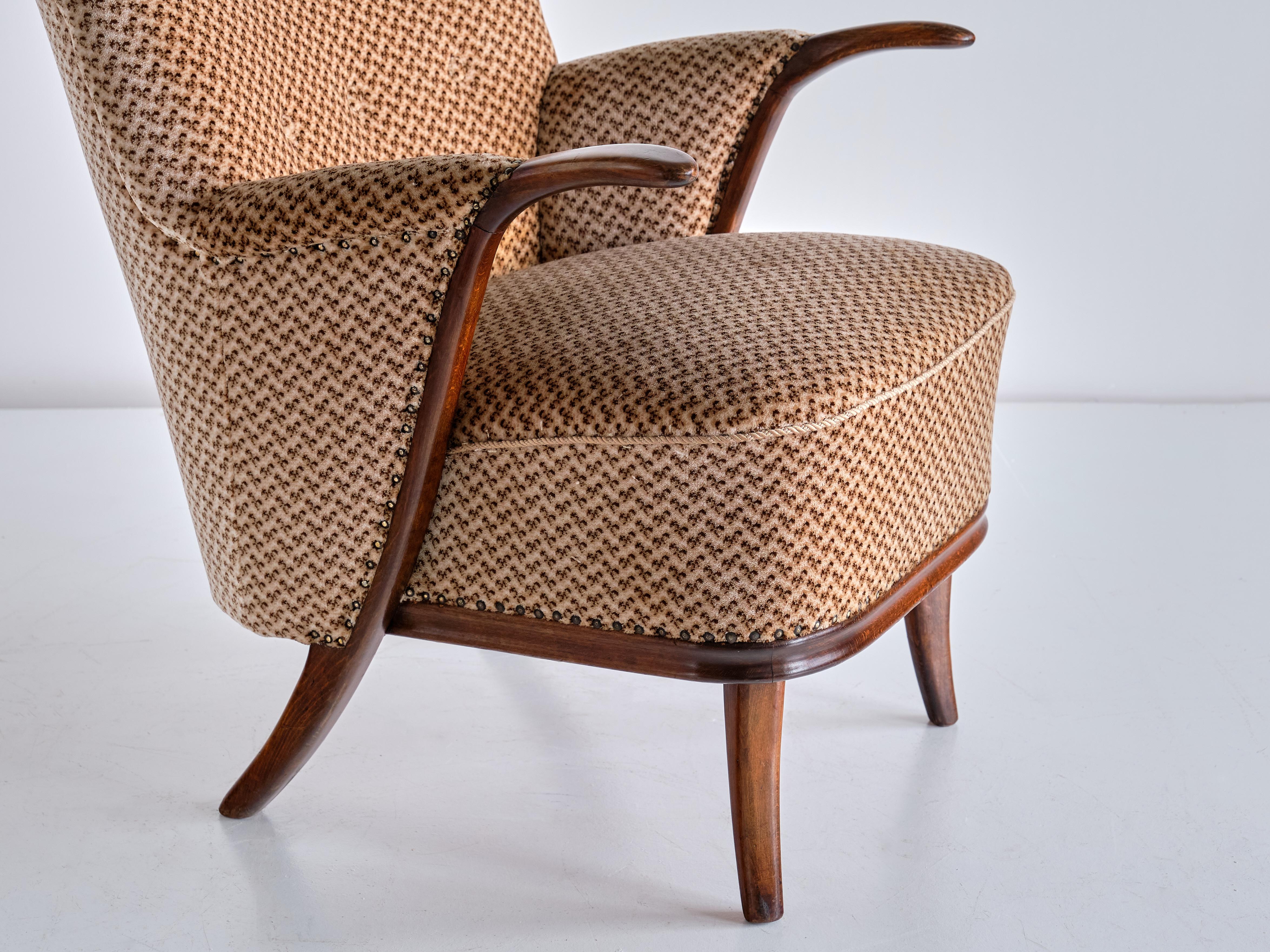 Sculptural Pair of Adolf Wrenger Armchairs in Beech and Velvet, Germany, 1950s For Sale 1
