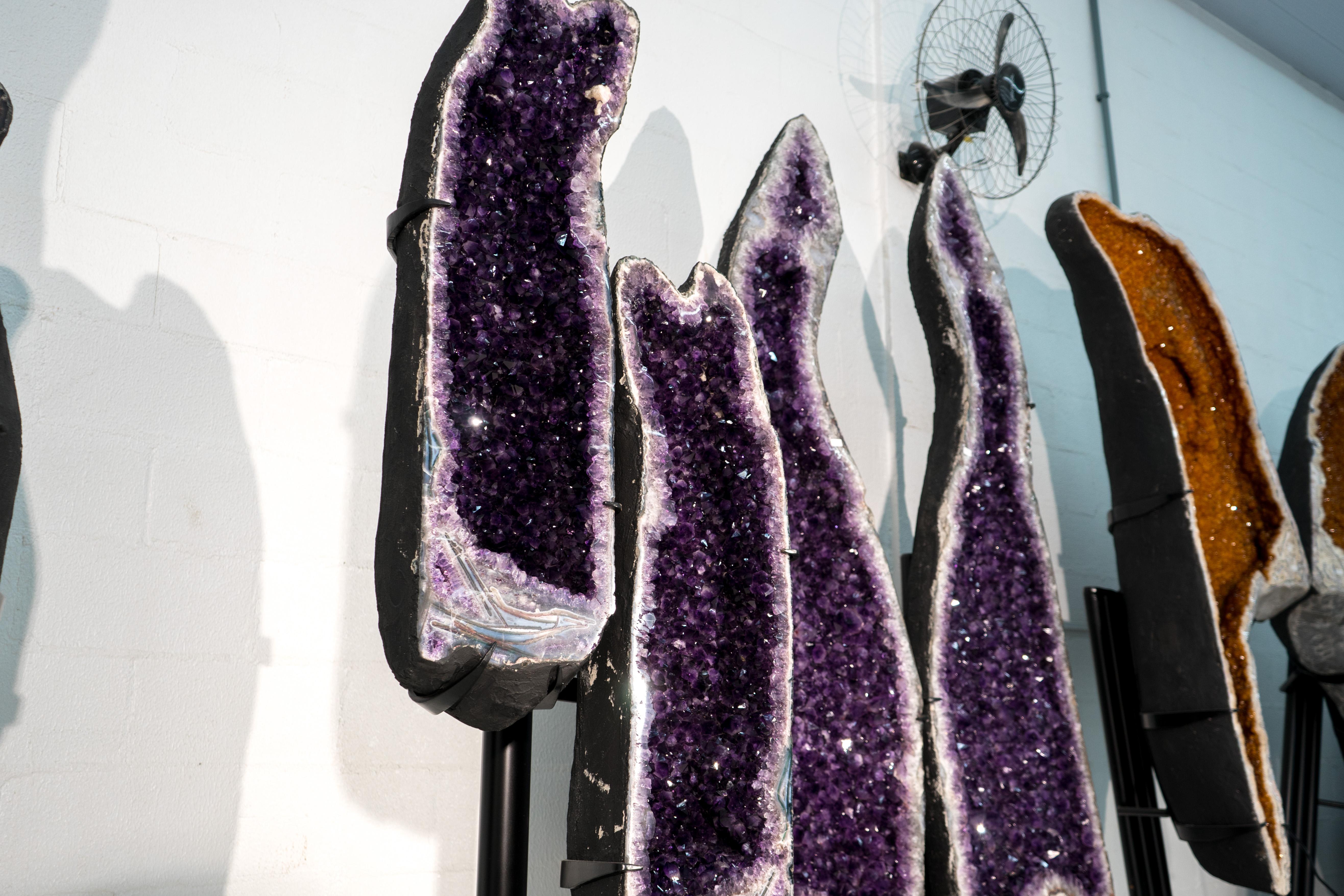 Sculptural Pair of Amethyst Geodes Set on Custom Stands, 6.6 Ft. Tall For Sale 6