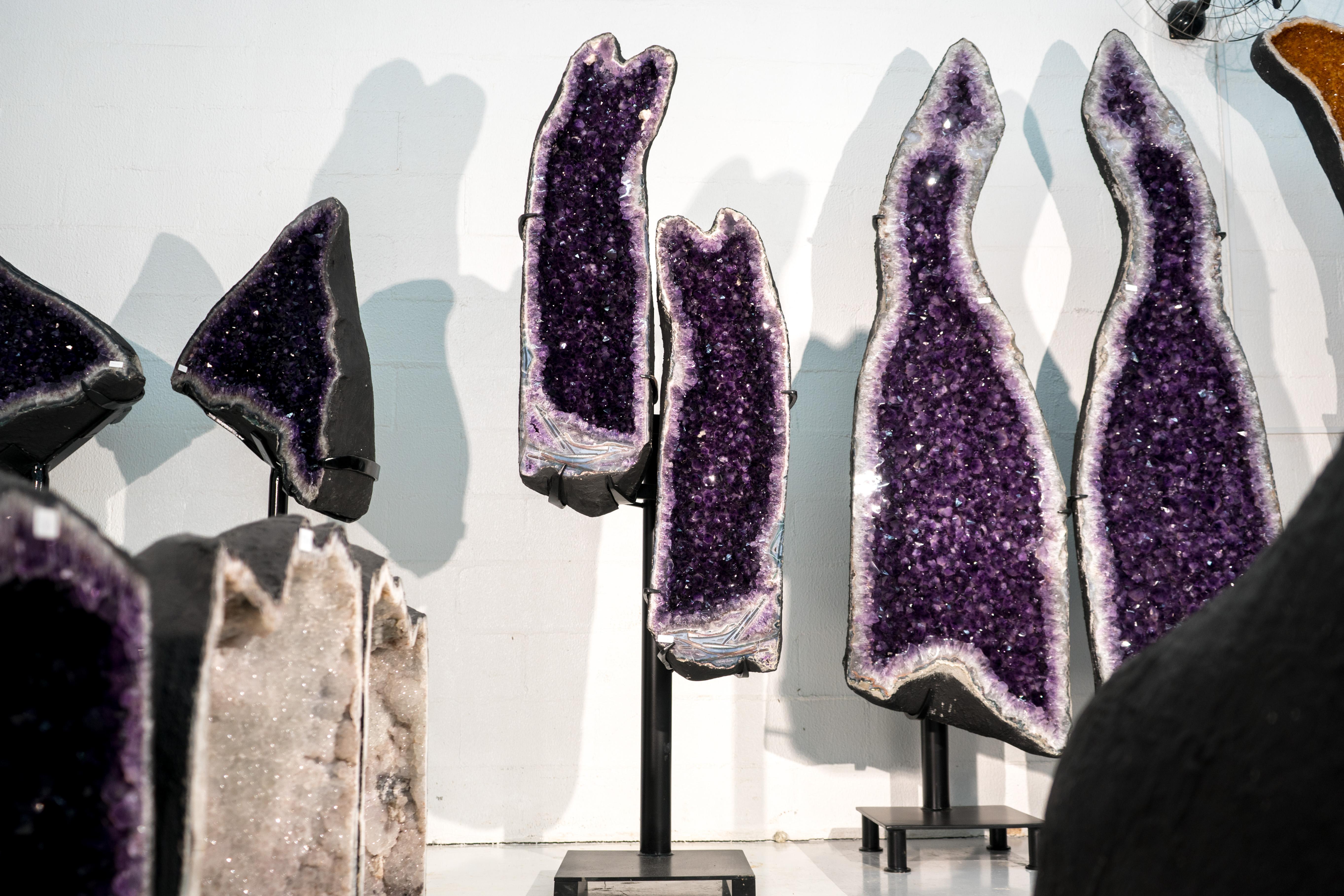 Sculptural Pair of Amethyst Geodes Set on Custom Stands, 6.6 Ft. Tall For Sale 8