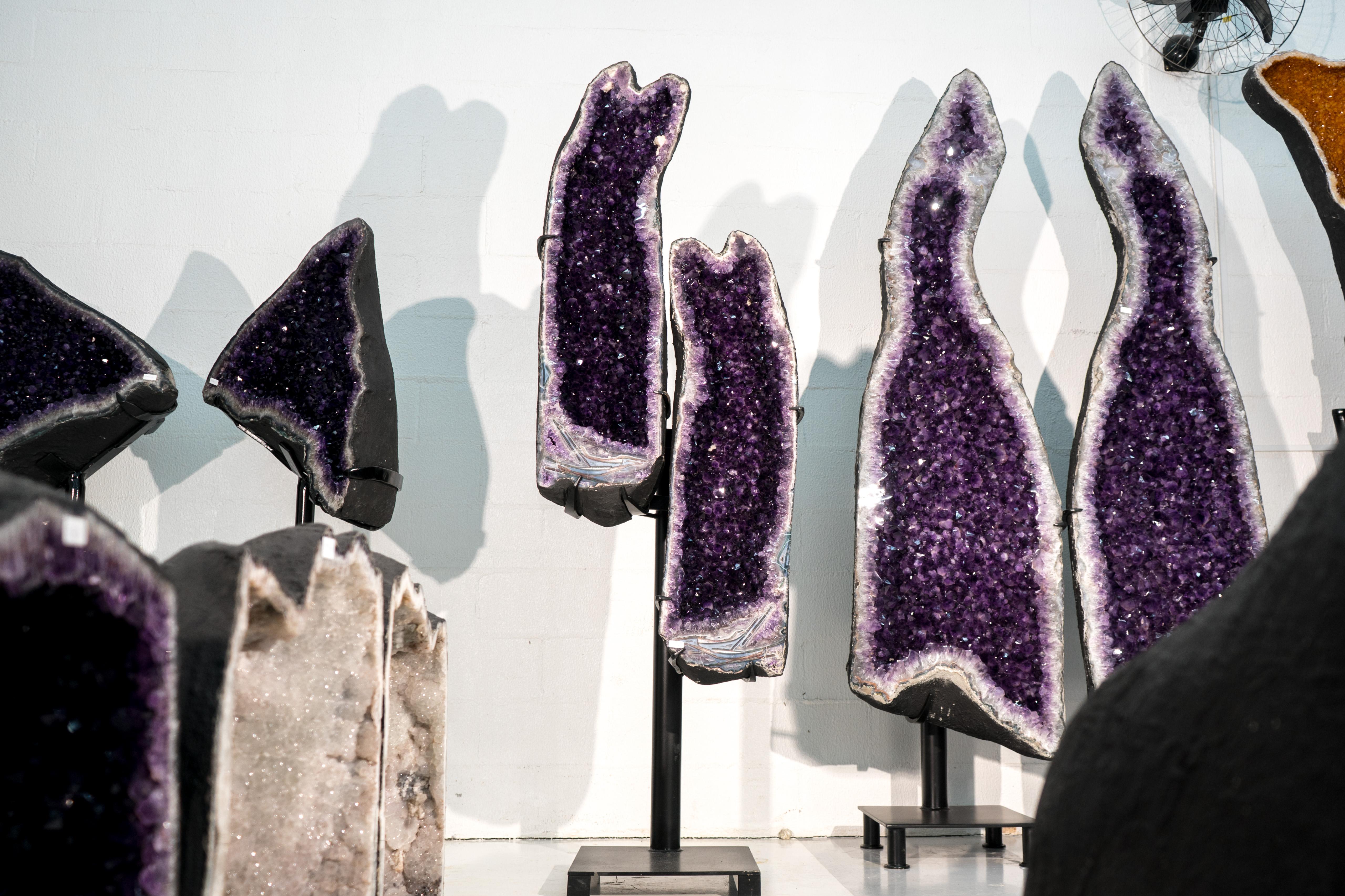 Sculptural Pair of Amethyst Geodes Set on Custom Stands, 6.6 Ft. Tall For Sale 9