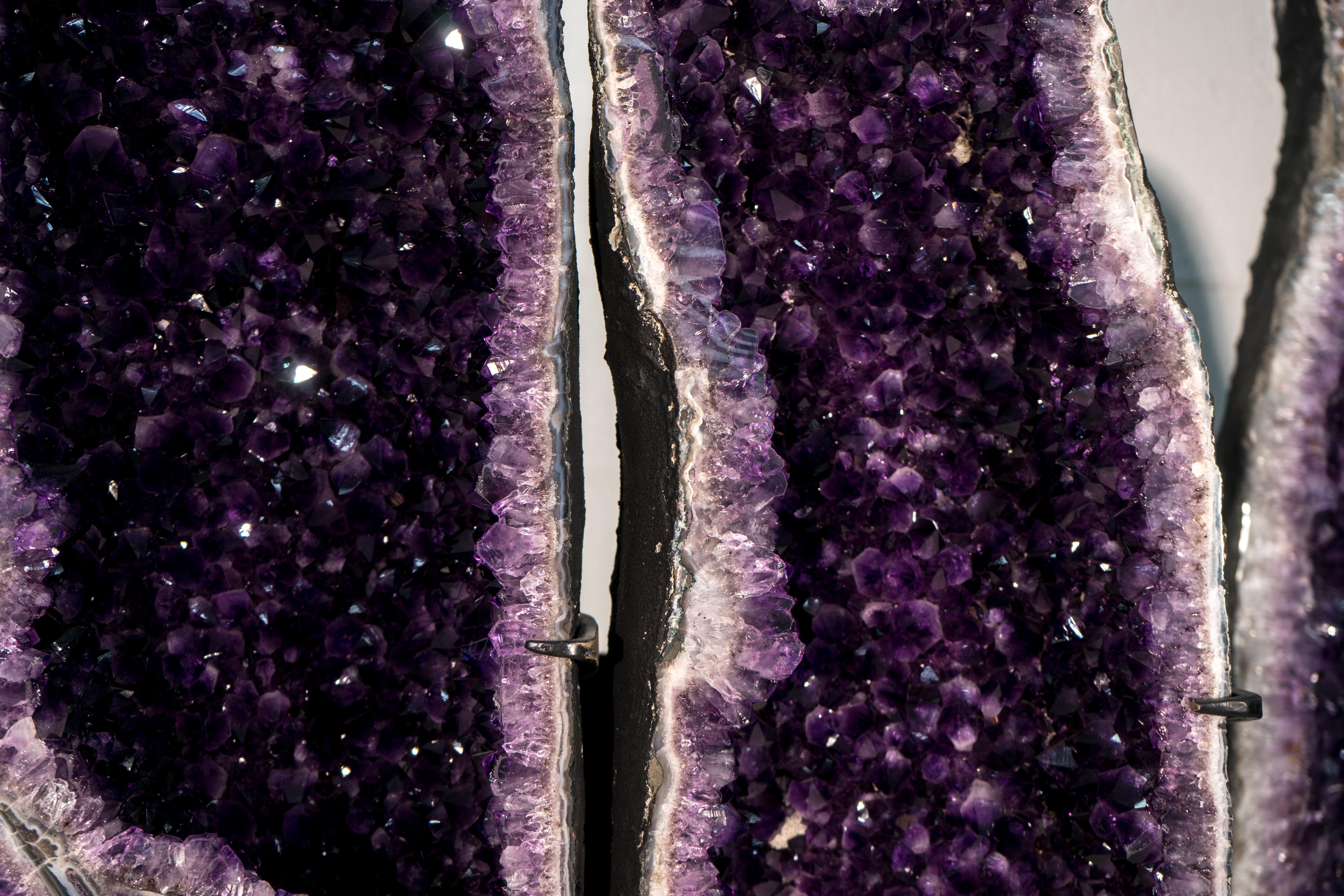 Brazilian Sculptural Pair of Amethyst Geodes Set on Custom Stands, 6.6 Ft. Tall For Sale