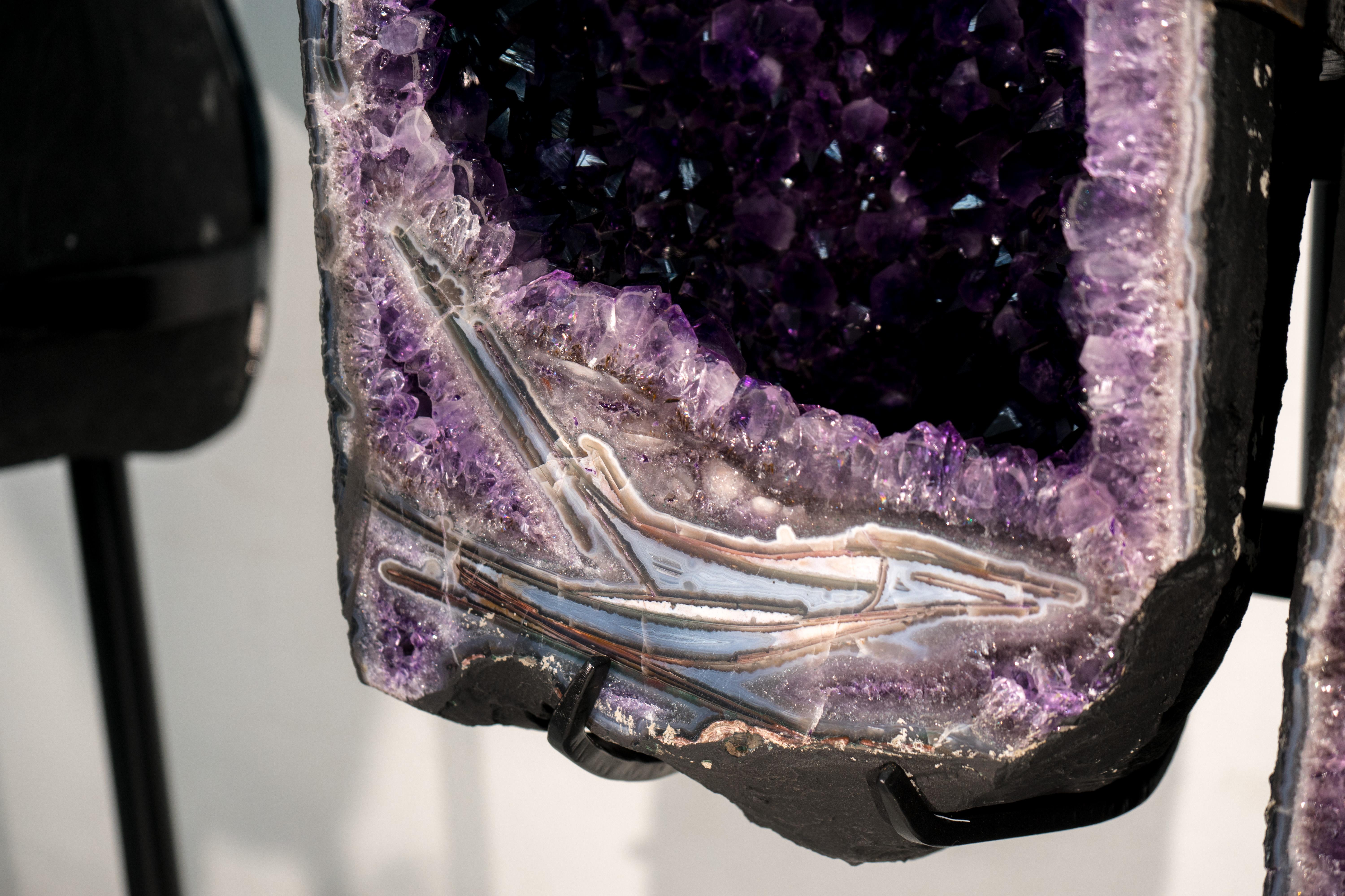 Contemporary Sculptural Pair of Amethyst Geodes Set on Custom Stands, 6.6 Ft. Tall For Sale