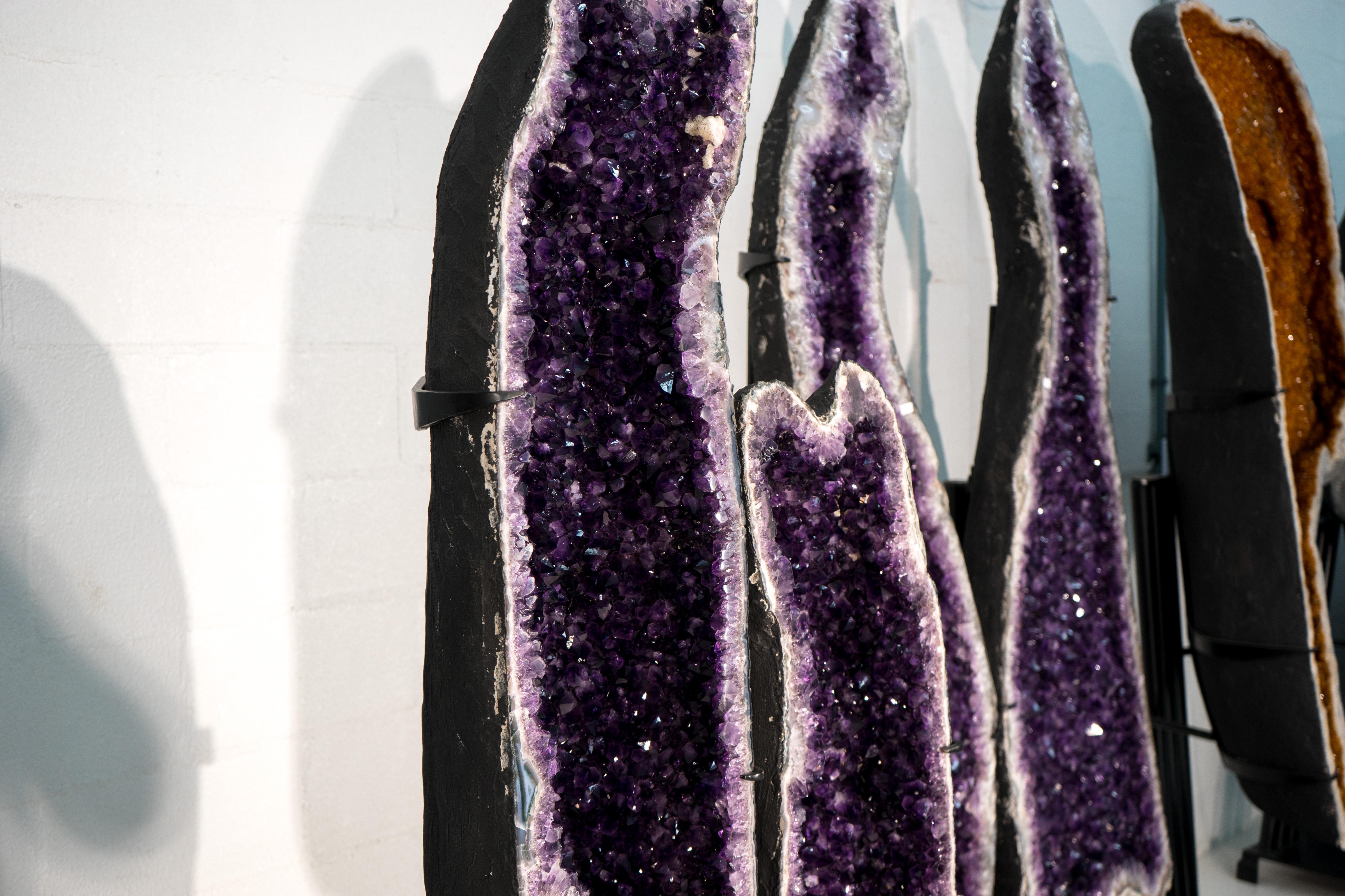 Sculptural Pair of Amethyst Geodes Set on Custom Stands, 6.6 Ft. Tall For Sale 1