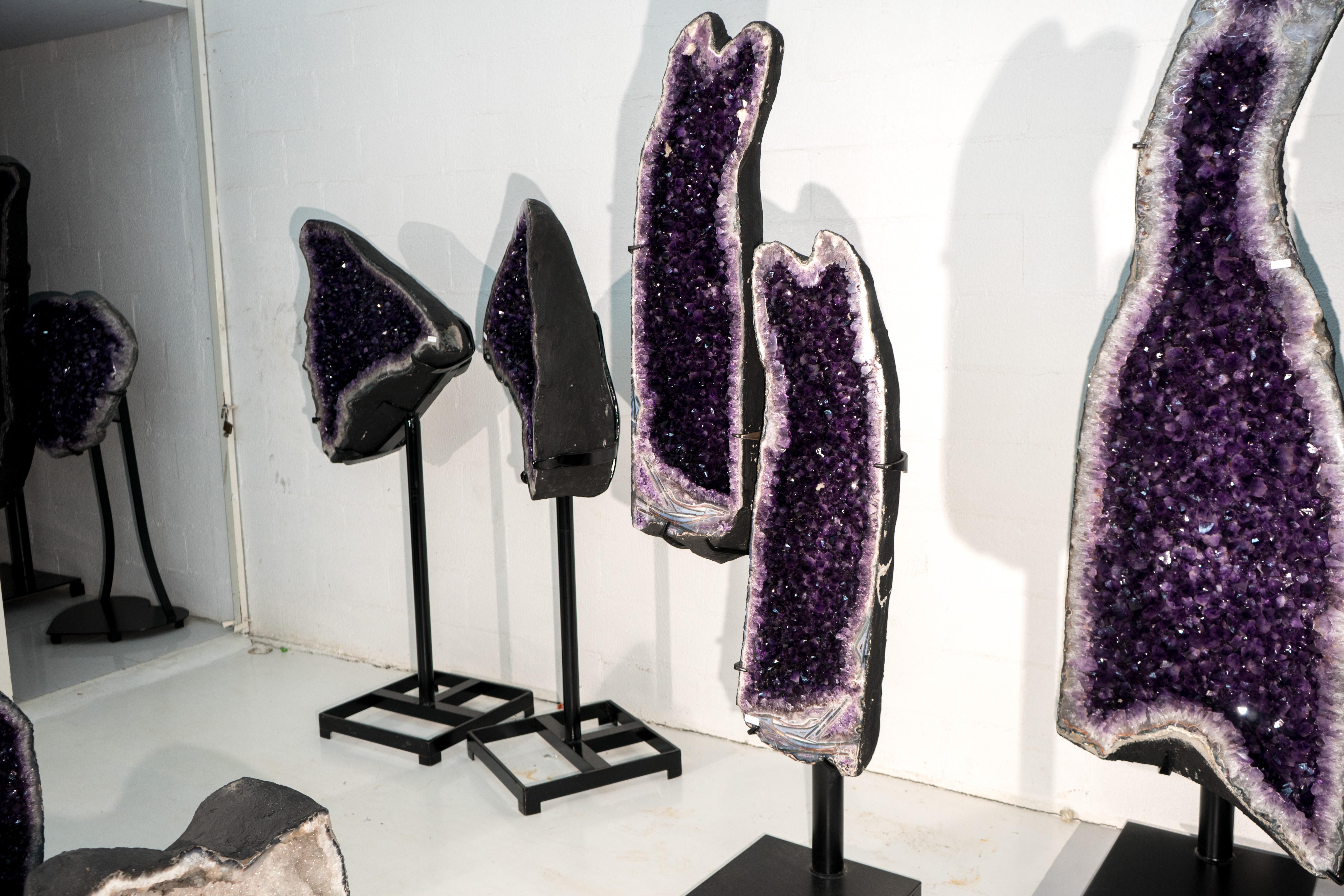 Sculptural Pair of Amethyst Geodes Set on Custom Stands, 6.6 Ft. Tall For Sale 2