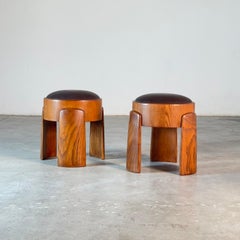Sculptural Pair of Ash Wood Stools with B.V. Waxed Dark Brown Leather by FORME