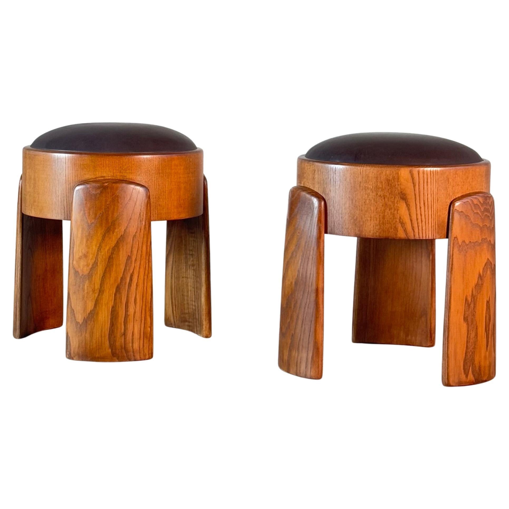 Sculptural Pair of Ash Wood Stools with B.V. Waxed Dark Brown Leather by FORME