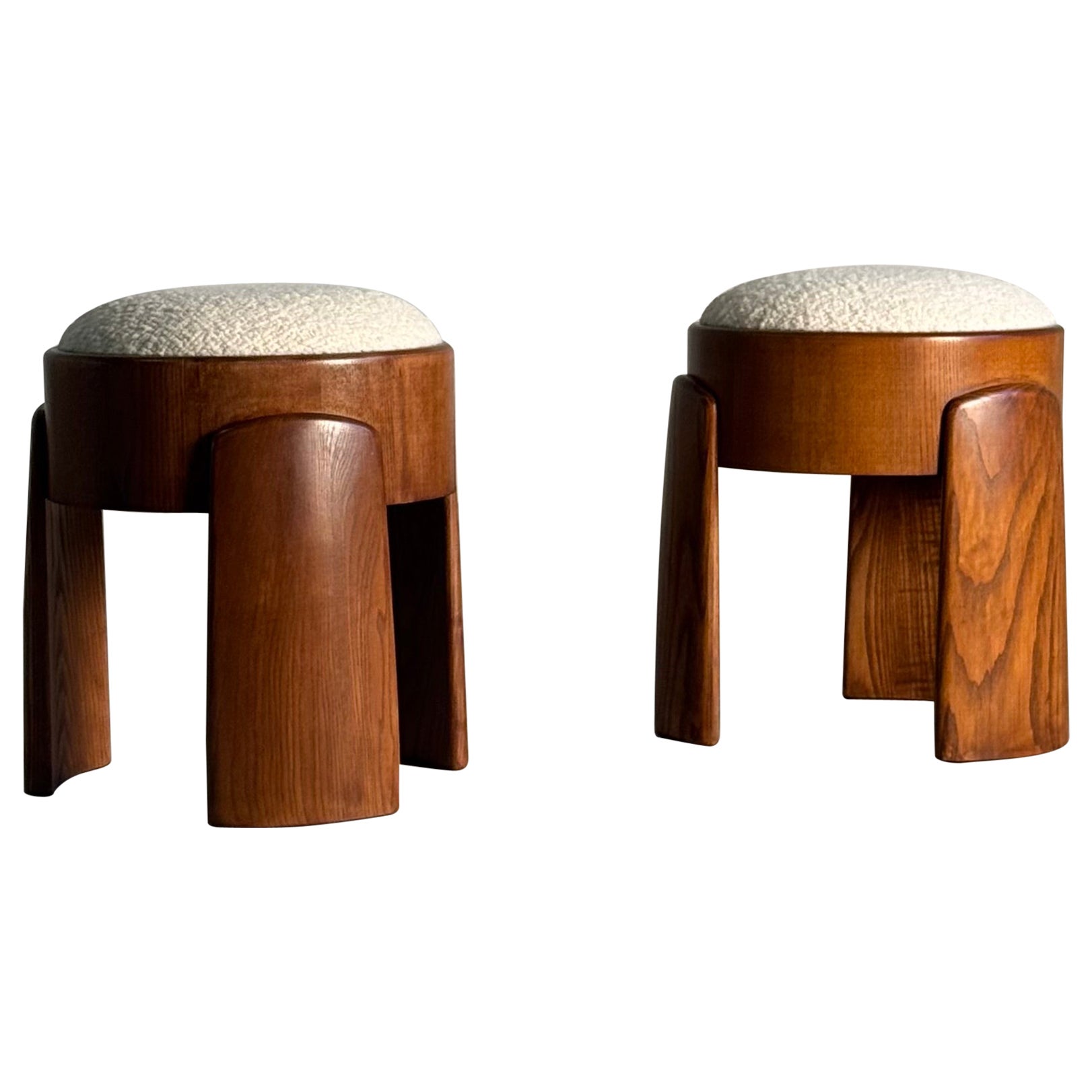 Sculptural Pair of Ash Wood Stools with Dedar Milano Bouclé Ivory by FORME