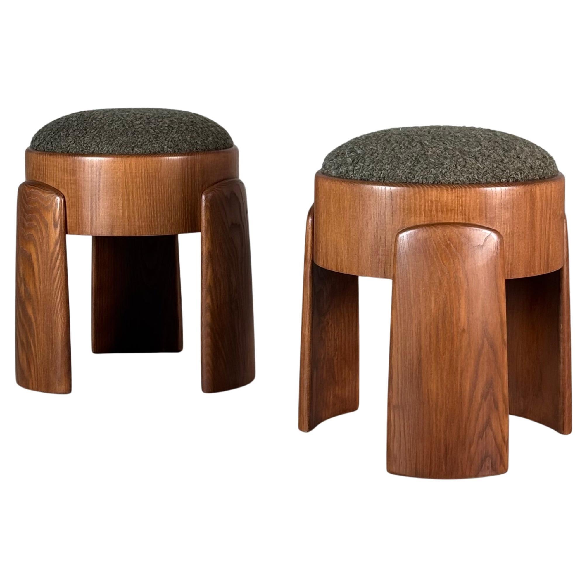 Sculptural Pair of Ash Wood Stools with Dedar Milano Bouclé Mélange by FORME