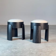 Sculptural Pair of Black Ash Wood Stools with Dedar Milano Bouclé Ivory by FORME