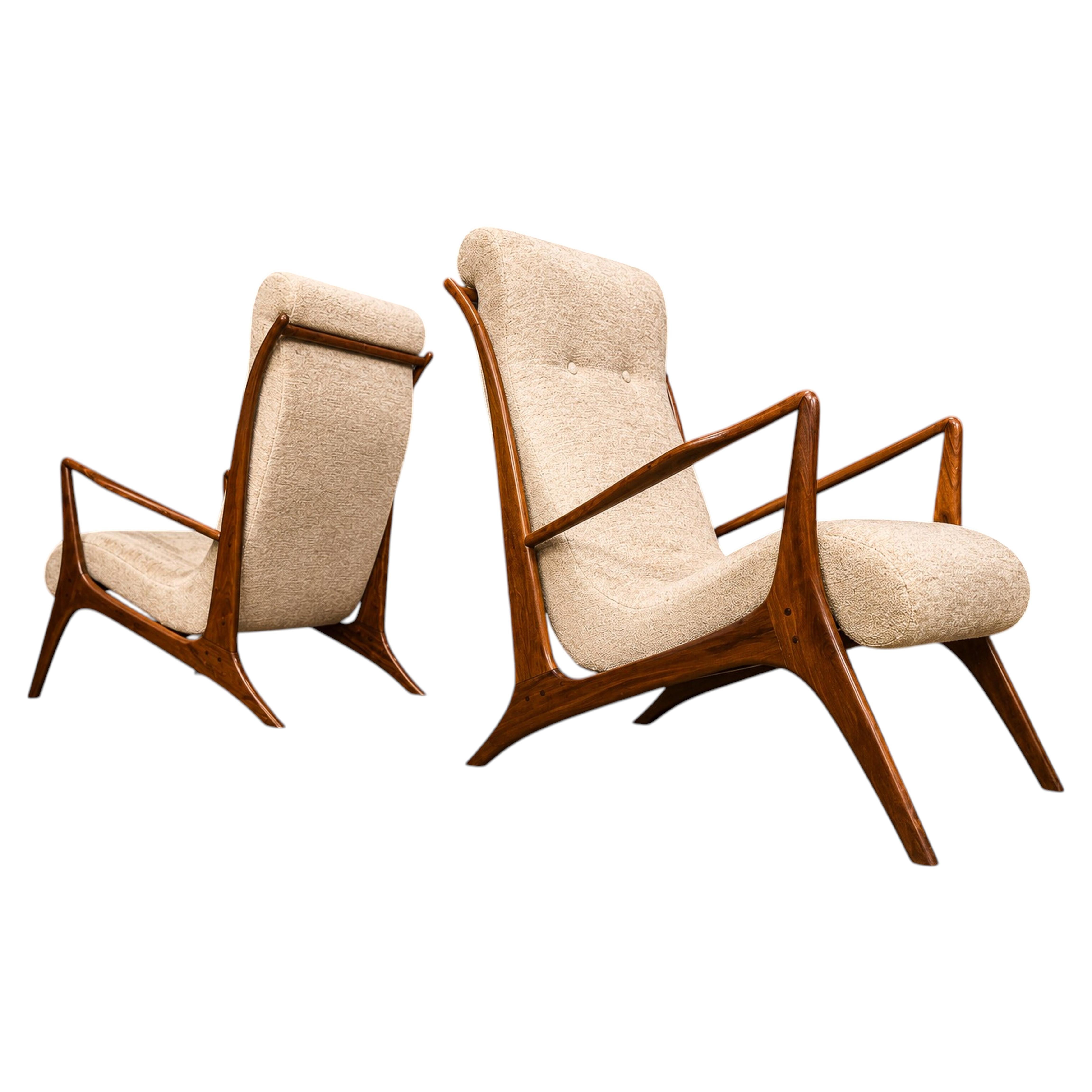 Sculptural Pair of Brazilian Modern Armchairs in Hardwood & Chenille, John Graz