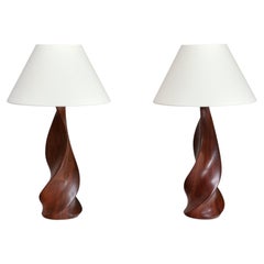 Sculptural Pair of Claude Chauvy Table Lamps in Mahogany, France, 1950s