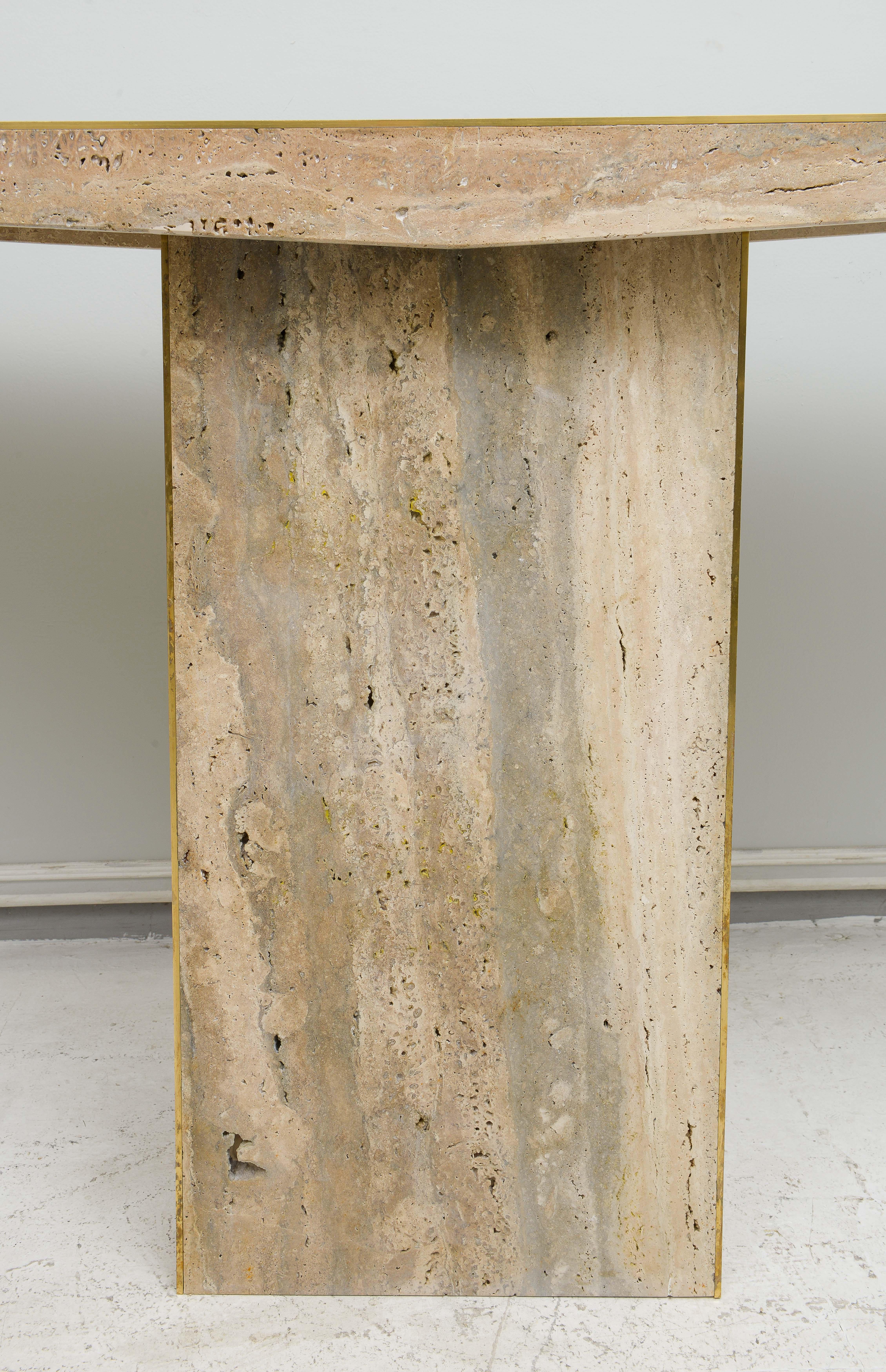 Travertine Pair of Italian contemporary travertine consoles with brass banding For Sale