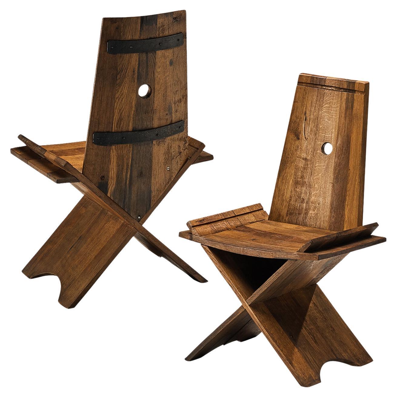Sculptural Pair of Dining Chairs in Oak with Iron Accents 